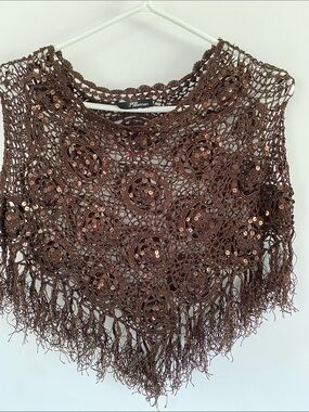 JANE NORMAN Brown Crochet Sequin Fringe Sweater Top